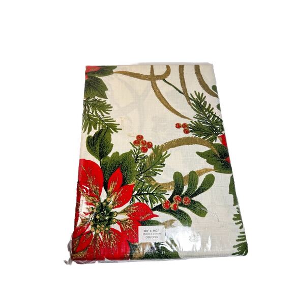 NEW Christmas Tablecloth Ivory Red Green Gold Poinsettia Oblong NOS - Picture 1 of 7